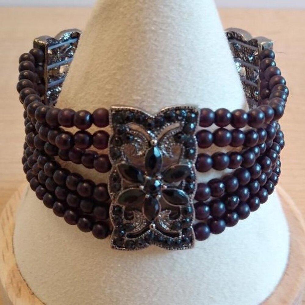Vintage Multi Strand Silver Tone and Black Bead Stretch Bracelet
